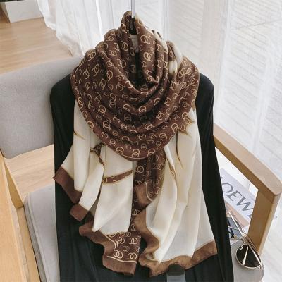 China Brand Design Large Size Polyester Scarf Fashion Long Polyester Printing Luxury Satin Women Shawl With Roll Edge for sale