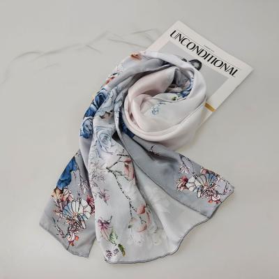 China Factory Built 50*180 cm Long Fashionable Flower Satin Printing Large Size Women's Long 100% Silk Scarf for sale