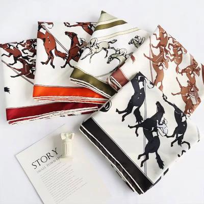 China Square 90cm Polyester Women Big Neck Fashion Shawl Horse Head Animal Print Satin Imitated Silk Scarf for sale