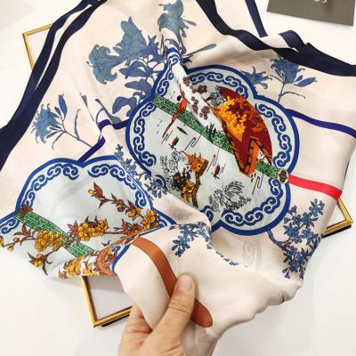 China Square Elegant Wholesale Fashion Women 2021 New Fine Print Scarf Ladies Pattern Luxury Silk Print Scarf Autumn for sale