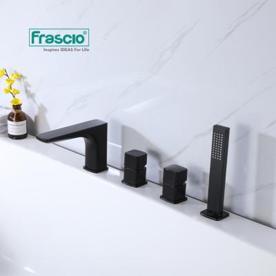 China Without Slide Bar Frascio New Arrival Deck Mounted Bathtub Mixer Black Bath Faucets Luxury Brass With Hand Shower Bath Faucet 4 Holes for sale