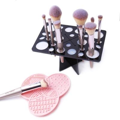 China Silicone Makeup Brush Cleaner Mat & Makeup Brush Dryer Holder, 28 Holes Makeup Brush Holder, Black Rubber Remover &Pink Regular Size for sale