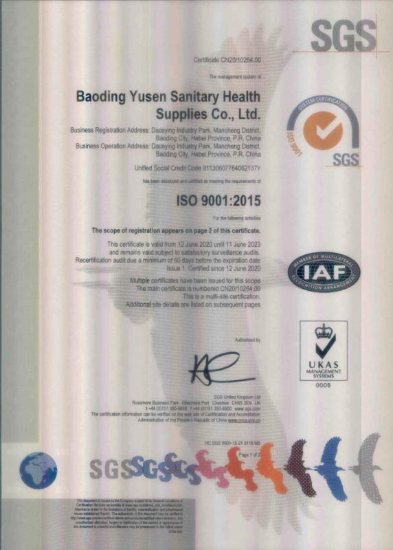 ISO9001 - Baoding Yusen Sanitary Health Supplies Co., Ltd.