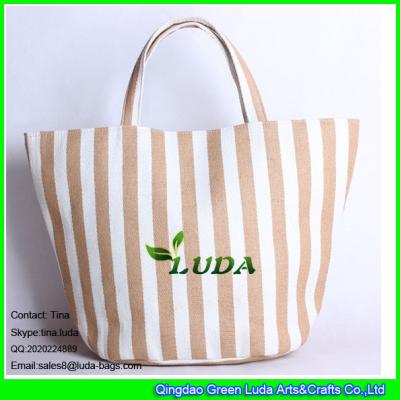 China LUDA brown stripe paper straw handbag natural straw woven tote bag double handle for sale