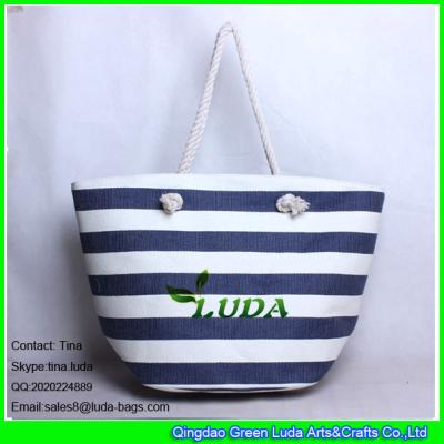 China LUDA green logo printed striped paper straw bag fashion large straw tote for sale