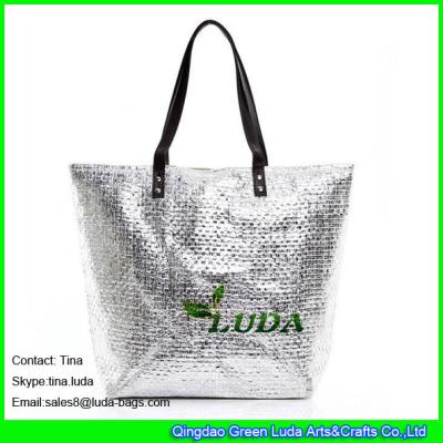 China LUDA metallic beach straw shopping bag balck leather designer beach totes for sale