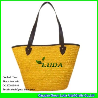 中国 LUDA の女性はハンドバッグの黄色いわらハンドメイド浜のトート バックに革を張ります 販売のため