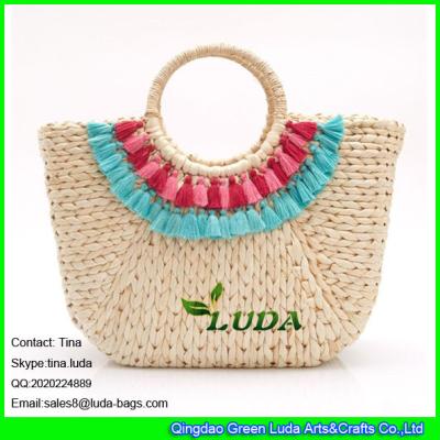 China LUDA fashion hand-woven straw bag colorful macrame cornhusk straw beach tote bag for sale