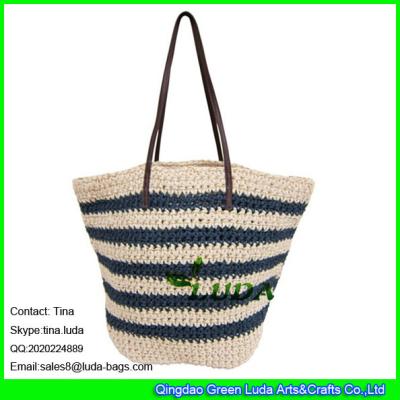 China LDZS-047 striped beach bags leather shoulder straps paper straw crochet bag en venta