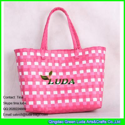 中国 LDSL-027 pink &white mixed woven strap shopping bag large pp beach straw tote bag 販売のため