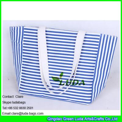 China LDFB-015 striped canvas totes white cotton braid handles beach canvas bag en venta