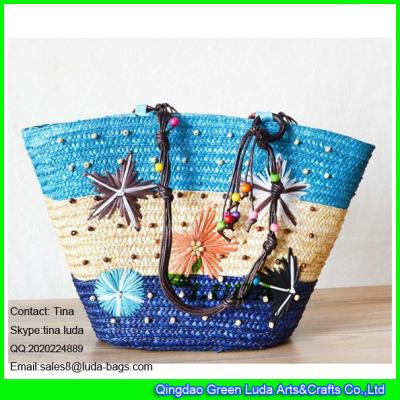 China LDMC-073 hot sale summer straw bag  lady embroidery starfish beach straw bags with wooden beads for sale