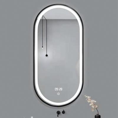 China Bright Bright Luxury Custom Lighted Fogless Modern Wall Mounted Bathroom Smart Led Mirror Time Display for sale