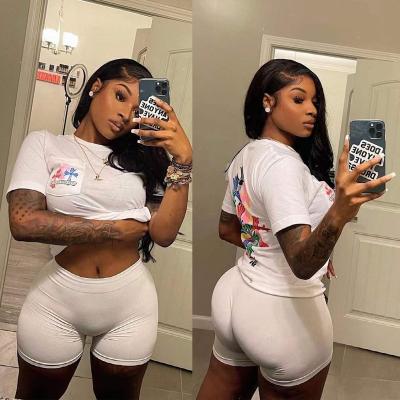 China Summer Waterproof Shirt Team Lady Customize Logo Casual Print Women 2 Two Piece Shorts Set Crop Women Top Biker Short Sets for sale