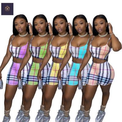 China 2021 New Arrivals Women Summer Cheap QUICK DRY Sexy Clothes Check Print Suspender Crop Top Shorts Set Women Short Two Piece Matching Set for sale