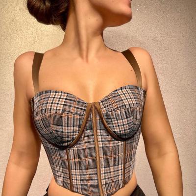 China 2022 new arrivals woman plaid fishbone halter vintage corset top crop top fashion women sexy bustier corset tank tops for sale