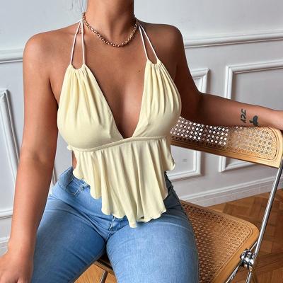 China 2022 Women's Summer V-Neck Sexy Bandage Breathable Fashionable Backless Shirts Crop Girl's Camisole Tops Woman Tops Fashionable for sale