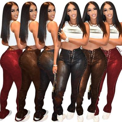 China 2022 fashionable women's fashion lace bandage boutique high waist bottoms breathable sexy skinny leather pants women ladies pu pants for sale