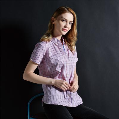 China Workable Check Pure Design Cotton Short Sleeve Blouse Button Down Collar Around Bottom Professional Ladies Blouse for sale