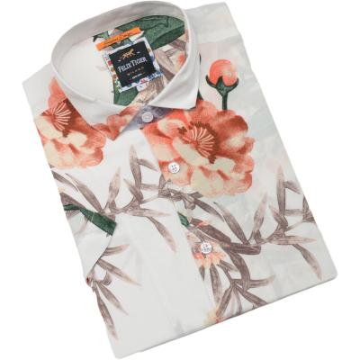 China SS20 Hawaiian style anti-pilling white flower printed breathable men's rayon shorts loose sheer sleeve shirt for sale