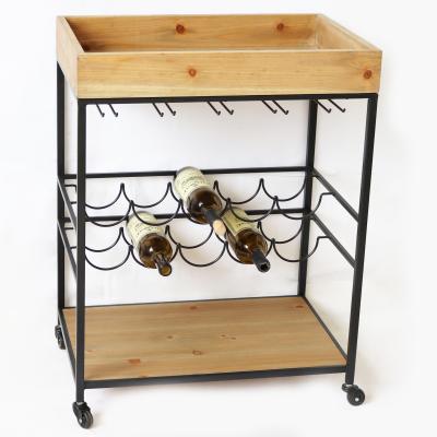 China Smart Home Retro 2 Layers Metal Wine Cart Decoration Wooden Wine Rack Rolling Trolley Stored Wine Rack for sale