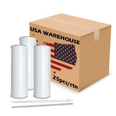 China Sublimation 20oz USA Sublimation Warehouse Stock White Straight Skinny Stainless Steel Tumbler Mugs With Straw And Rubber Bottom for sale