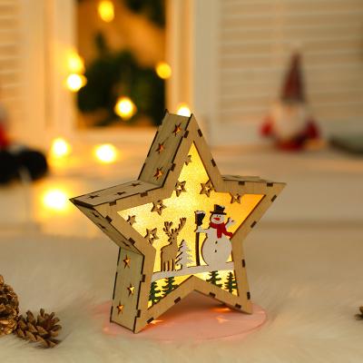 China Sale Natural Nordic Style Factory Christmas Star Lights Wooden Creative Table Top Light Ornaments Hanging Christmas Decorations for sale