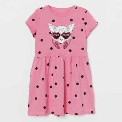 China Cotton Fabric Round Neck Sleeve Dot Print Rock Cartoon Cat Summer Washable Short Spring Knitted Dress For Toddler Infant Girl for sale