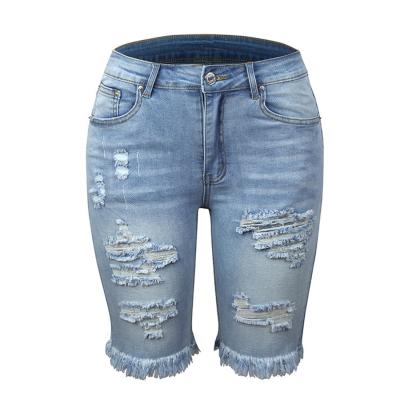 China Breathable Custom Women Ripped Jeans Mid Waisted Cotton Stretch With Rough Edge Slim Fit Short Jeans For Women for sale