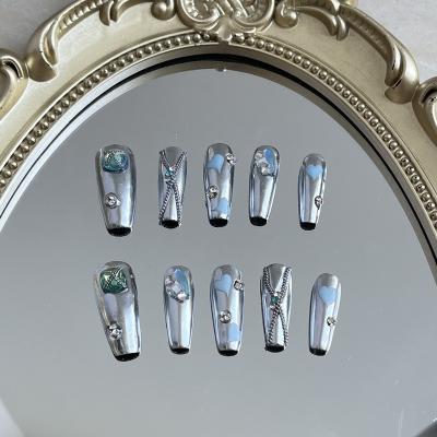 China Design Silver Punk Metallic Handmade Press On Nails Coffin Shape Chrome Mirror Fake Nails Full Cover Nails Handmade for sale