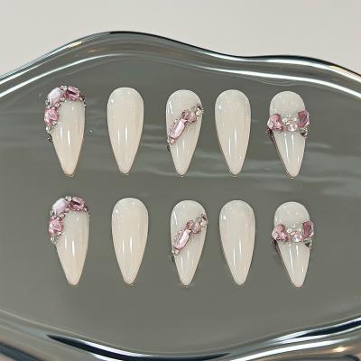 China Fashion Long Stiletto Handmade Press On Nails With Multi-Shape Pink FlatBack Rhinestone Design Full Cover Handmade Nails for sale