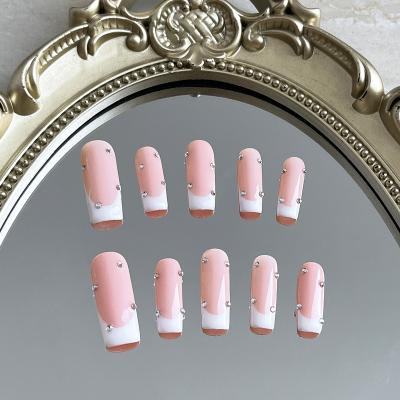 China French Handmade Press On Nails Long Pink Squoval Nails Full Cover DIY Artificial Handmade Nails for sale