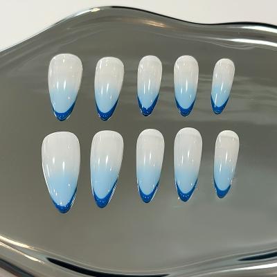 China French Design Handmade Press On Nails Blue Almond Full Cover DIY Bling Artificial Handmade False Nails Long for sale