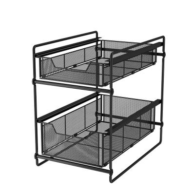 China Multifunctional Stackable Kitchen Viable Housewares Storage Rack Basket Under Sink Expandable Organizer 2 Tier Shelf Rack With Sliding for sale