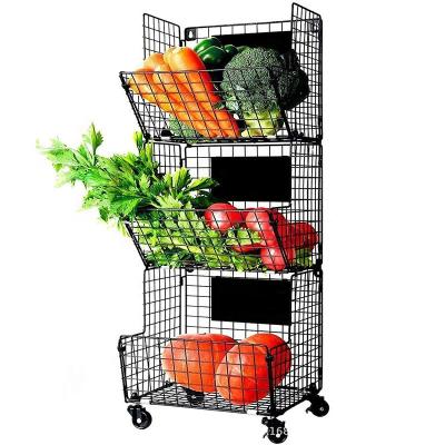 China Sustainable Adjustable 3 Tier Metal Wire Lockers Wall Storage Basket Organizer with Wheel Hooks for Kitchen Fruit Vegetables Rack for sale