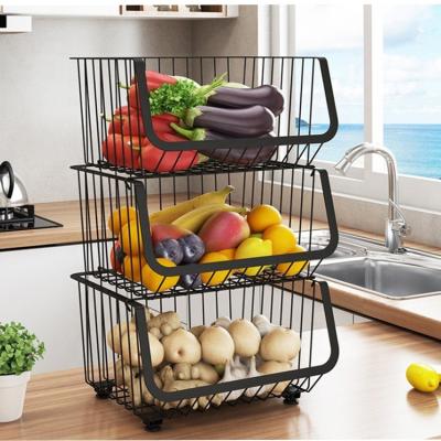 China Sustainable Free Sample Multi-Layer Tiers Black Mesh Wire Kitchen Vegetable Storage Baskets Shelving Cart Kitchen Rolling Cart for sale