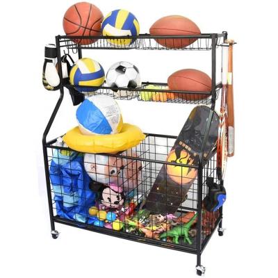 Chine 2021 Viable Indoor Football Storage Rack Sporting Goods Organizer Ball Storage Cart With Baskets And Hooks With Wheel à vendre