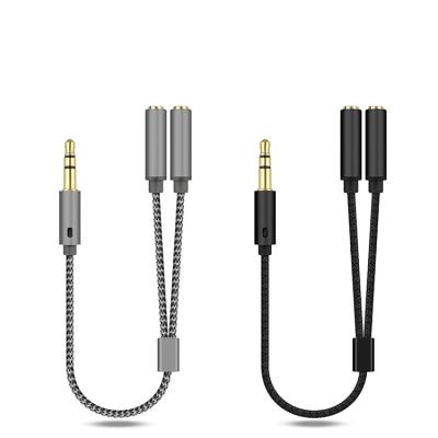 China Car 3.5mm Y Splitter Nylon Braided One Male And Female Cable Two Earphone Gold Plated Audio Cable for sale