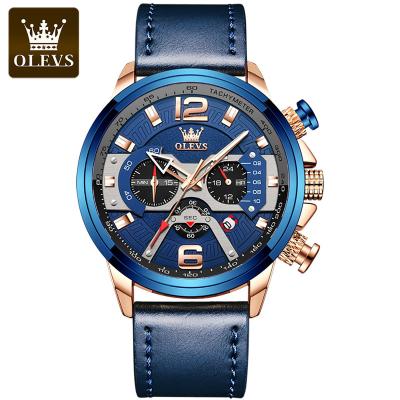 China OLEVS 9915 day/date sport casual watches for man clock fashion chronograph quartz luxury blue military leather wristwatch for sale