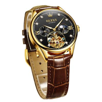 China Luxury Skeleton Moon Phase Business Day/Date OLEVS 3601 Tourbillon Calendar Leather Automatic Mechanical Waterproof Men's Watch Luminous for sale