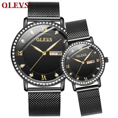 China Day/date brand stainless steel strap quartz men's wristwatches OLEVS fashion business couples Milanese slim waterproof watch 2019 for sale