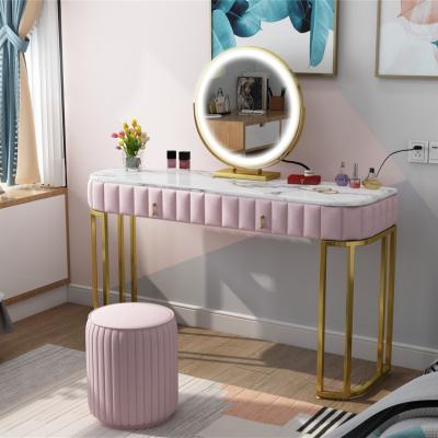 China Nordic storage with cabinet dressing table with mirror and stool dressing table with 3 LED light effect reflect iron gold dresser for sale