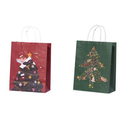 China Themed Biodegradable Christmas Bags Shopping Bag Flat Bottom Brown Handles Kraft Paper Bag With Handles for sale