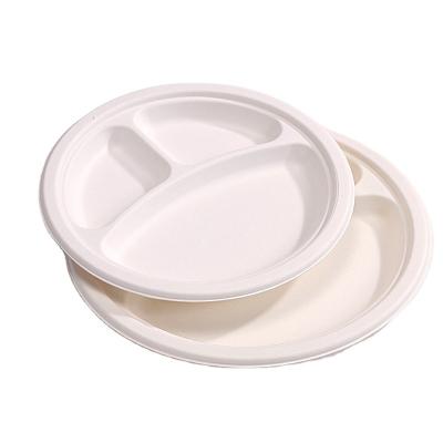 China Home.Restaurant.Bar.Hotel 9Inch 3 Compartment Biodegradable Disposable Paper Plate Sugarcane Bagasse Meat Tray for sale