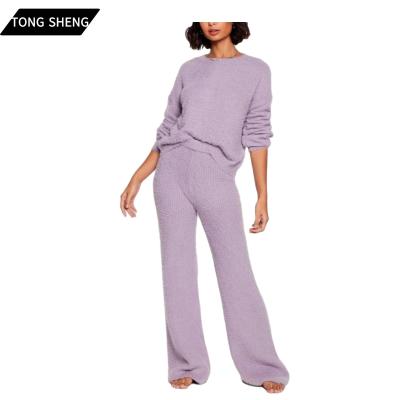 China Anti-Wrinkle Winter Women Acrylic Casual Women's Set Two Piece Fluffy Knit Wide Leg Lounge Set for sale