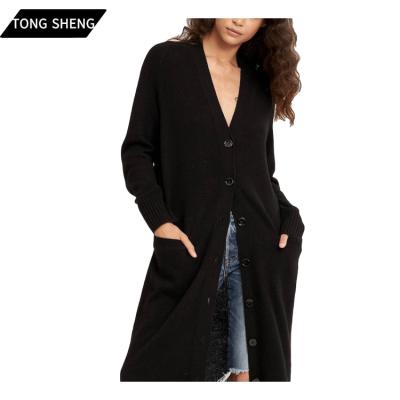 China Tong Sheng Women's Relaxed Sleeves Button-Front Trims Anti-Wrinkle Closure Long Ribbed Wool Cashmere Cardigan Sweaters for sale