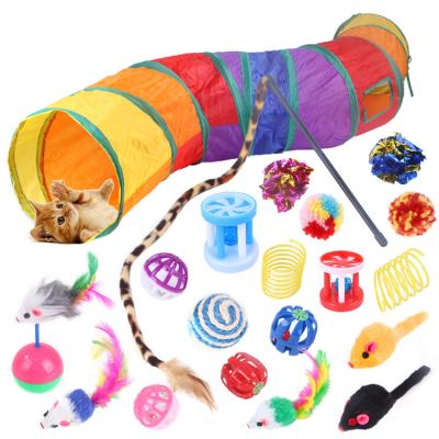 China 21pcs/pack Feather Stocked Retractable Toys Cat Toy Wand Kitten Cat Pet Toy Wire Chaser Wand Teaser with Cat Tunnel for sale