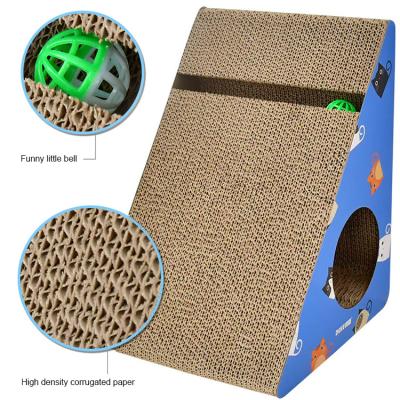 China Large Corrugated Cat Scratching Post With Bell Corrugated Cat Scratcher Tunnel Ramp Lounge Catnip Triangle PR-7-2y for sale