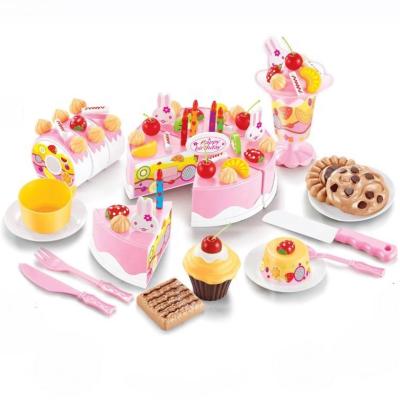 China 75pcs Mini Food Pink Cooking Set Kids Plastic Cutting Birthday Fruit Cake Role Play Toys for sale