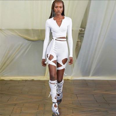 China Fashionable Women Hollow Out Casual Sexy Slim Fit Bandage Short Two Piece Set for sale